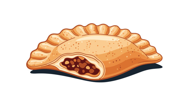 Traditional golden brown empanada pastry with a scalloped edge is partially open to reveal a rich and savory meat filling inside.