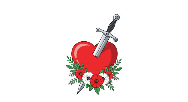 Classic tattoo-style illustration of a red heart pierced by a silver dagger and surrounded by delicate red and white flowers with green leaves.