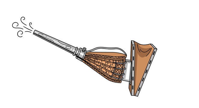 Handheld fireplace bellows shown in mid-action blowing air from a metal nozzle is illustrated with detailed wood and leather textures.