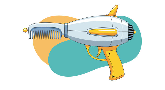 Whimsical science fiction ray gun design featuring a built-in hair comb and yellow accents set against a retro abstract background shape.