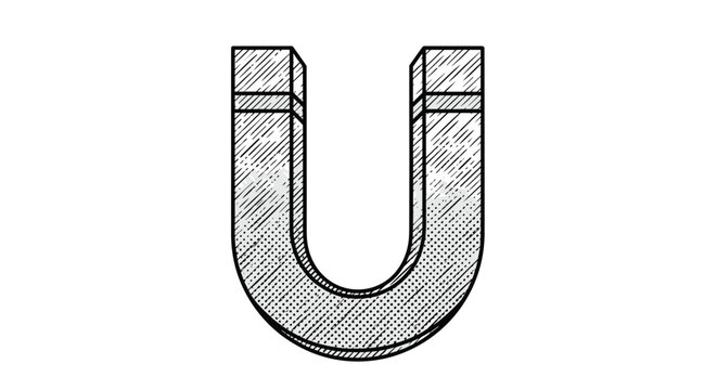 Hand-drawn illustration of a classic U-shaped horseshoe magnet with textured shading showing magnetic poles on a clean white background.