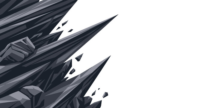 Dynamic illustration of sharp dark grey volcanic rock shards or crystalline structures jutting out from the side against a white background.