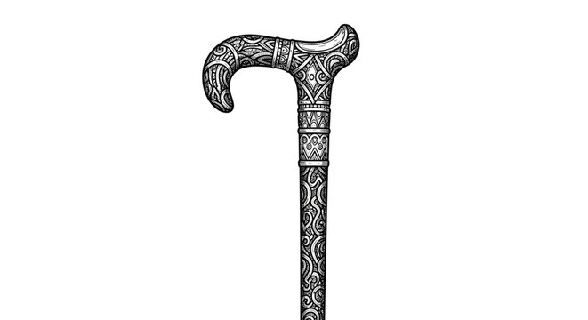 Highly detailed monochrome drawing of an elegant antique walking stick featuring complex engraved patterns on the curved handle and upper shaft.
