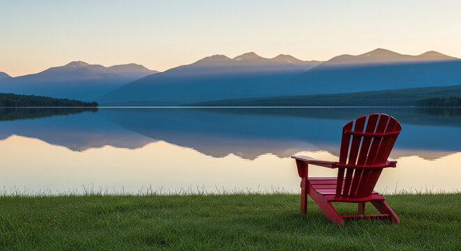 Peaceful mountain lake landscape with a red chair perfect for outdoor vacation getaways nature solitude and relaxation