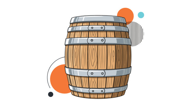 Traditional wooden barrel with silver metal rings and detailed wood grain patterns set against a background of orange and blue abstract circles.