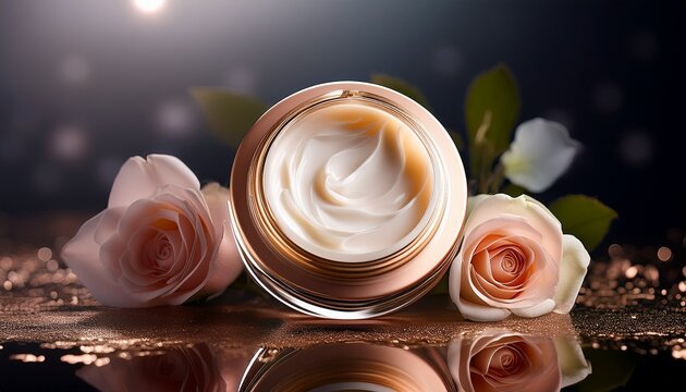 luxurious skincare product with roses on elegant surface