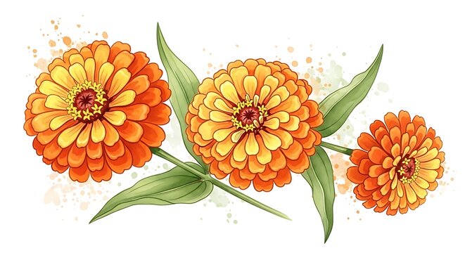 Three vibrant orange and yellow zinnia flowers with green leaves
