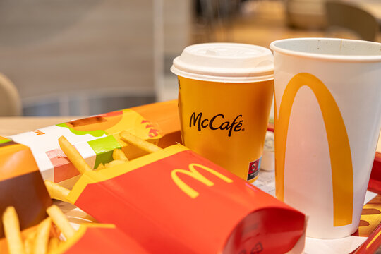 Warsaw, Poland - April 13, 2026: McDonald's meal tray with McCaf