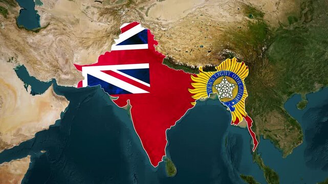 Map of British India flag. Zoom from Earth to the British Raj. Historical map animation 4k.