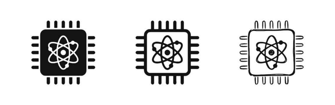 Quantum Computing Microchip Icon Set with Atom Symbol in Three Styles