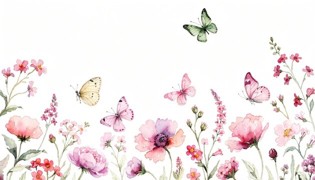 

Seamless floral vector pattern featuring pink rose blossoms and delicate butterflies on a white background for a vintage nature illustration design
