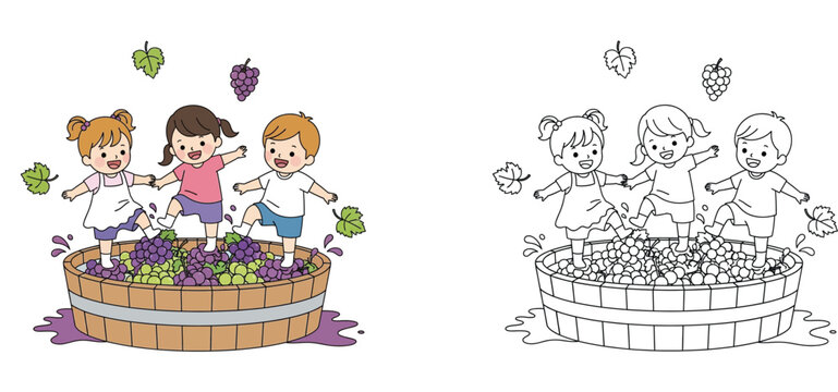 Cute Children Stomping Grapes in a Wooden Barrel Illustration with Black and White Line Art Version for Coloring Book, Traditional Wine Making Process Kids Activity Vector Set