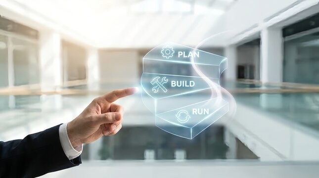 Businessman interacting with virtual interface of plan, build, run in modern office space with futuristic technology