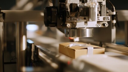 Fototapeta premium Robotic arm adding package to production line