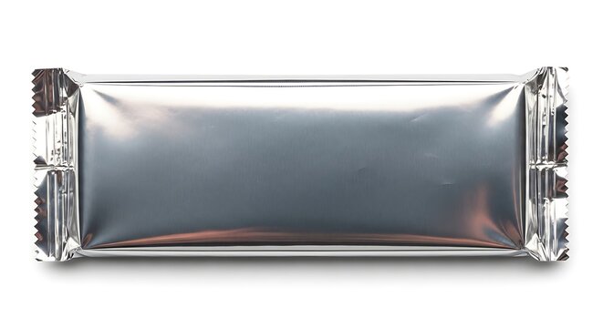 Unopened rectangular packet wrapped in shiny metallic foil material