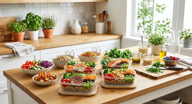 Meal prep of colorful grain bowls and proteins on a bright kitchen island