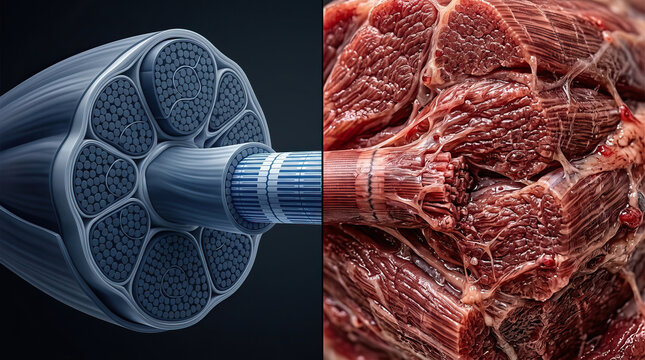 Muscle fiber anatomy, detailed cross section showing muscle bundle structure and connective tissue, realistic biological illustration with split composition muscle