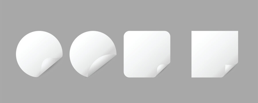 Realistic collection of white adhesive paper stickers including circle and square shapes with a peel-off effect corner, perfect for labels, price tags, and promotional mockups.