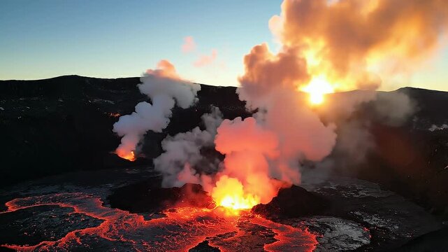 Fiery red lava erupts from a volcanic crater, flowing across dark rock formations under a vibrant orange and yellow sunset sky with billowing clouds of steam and smoke rising dramatically.