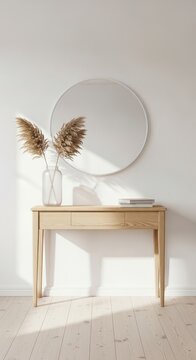 Minimalist entryway with round mirror light wood console table and wheat decor interior hallway