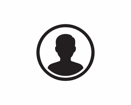 Black silhouette of person head and shoulders inside thin circular outline, minimalist vector avatar icon, flat geometric design, high-contrast on white background