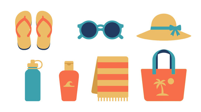 Set of colorful summer beach vacation travel accessories icons.