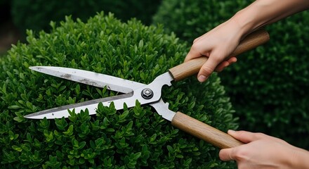Fototapeta premium Manual hedge trimming with garden shears, landscaping maintenance service, precision cutting greenery backyard care concept