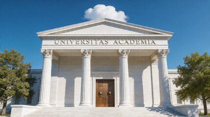 Obraz premium School photo background featuring classic university building with grand columns, symmetrical entrance and clean academic architecture under bright blue sky