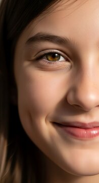 Close-up of a young girl's smiling face, highlighting her warm eyes and dimples