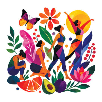 Vibrant vector illustration of a wellness transformation. A woman evolves from lethargic to energetic through a healthy diet of fruits and exercise, surrounded by nature and a butterfly.