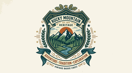 Obraz premium Vintage badge crest design featuring Rocky Mountain landscape with river, trees, and mountains