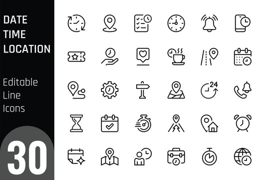 Date, Time, Location and Address Line Icons Set. Editable Stroke Navigation, Scheduling and Reminder Symbols. Calendar, Clock, Map Pin UI Icon Pack
