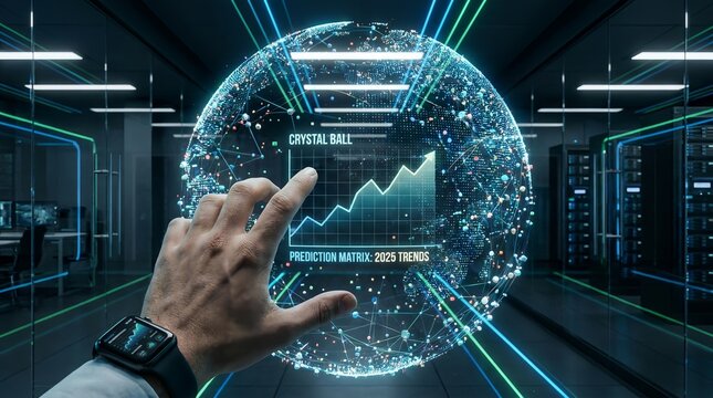A futuristic hand interacting with a crystal ball graphic displaying a prediction matrix and 2025 trends in a hightech server room environment