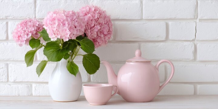 pink hydrangeas in a vase on a kitchen counter, with a pink teapot and cup, against a white brick wall background.