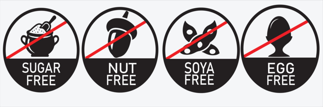 Dietary Allergen Food Label Icon Set: Sugar Free, Nut Free, Soya Free, and Egg Free Warning Symbols | Professional Product Packaging Stickers and Healthy Menu Infographic Vector Signage Kit