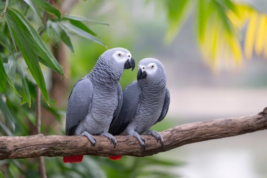 two african grey parrots standing on tree branch
