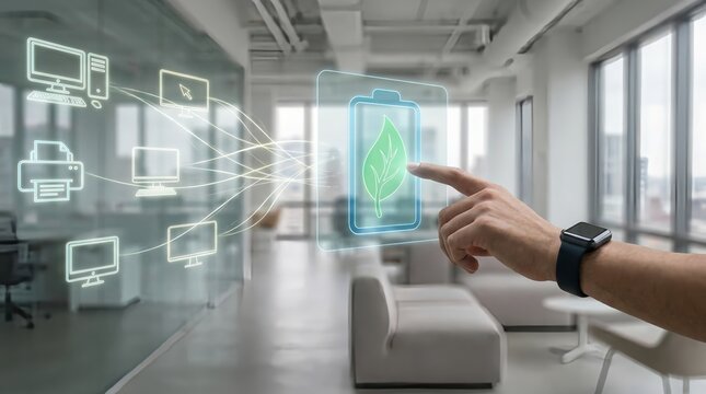 Hand interacting with digital battery icon with leaf on screen in modern office space with technology symbols