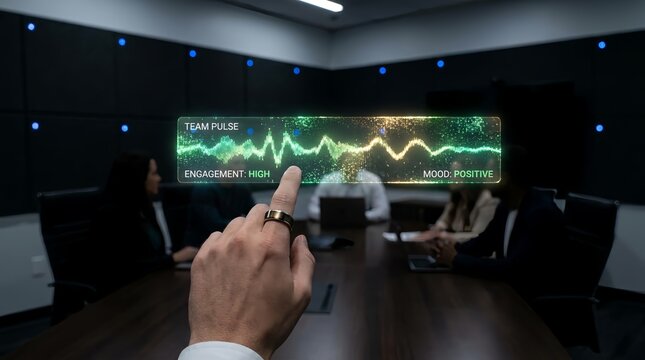Business team analyzing engagement and mood in a modern office setting with digital interface