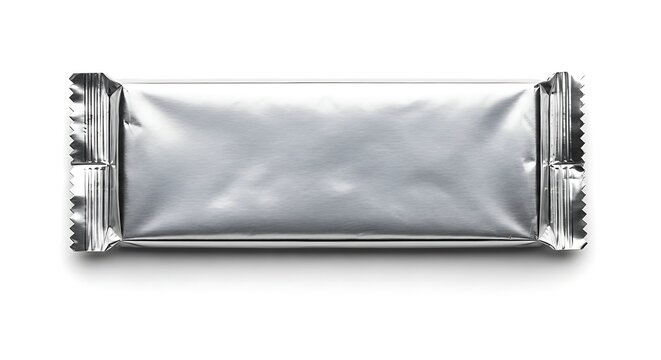 Shiny foil pouch with sealed edges and a small zipper pull tab on top.