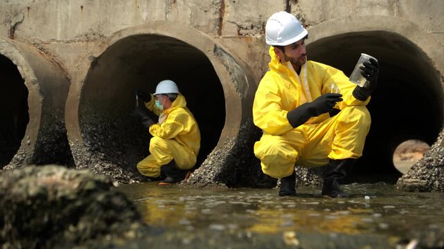 Two scientists in yellow protective suits are collecting water samples from drainage pipes before taking to the lab for further analysis to determine of pollutants