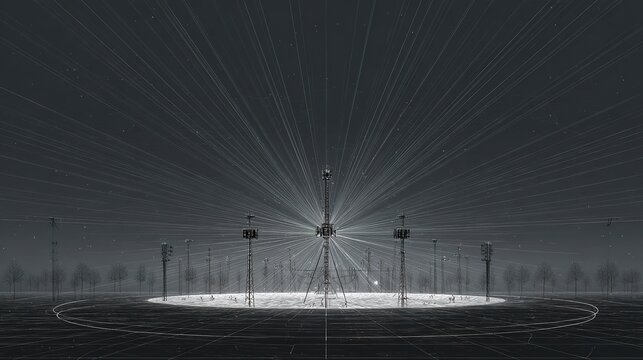 Nighttime Radio Station: Antennae and Lights in the Snowy Field