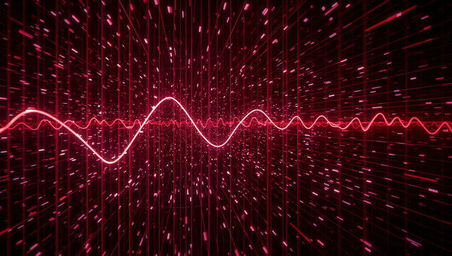 Abstract neon red digital sine wave and data frequency on a perspective grid