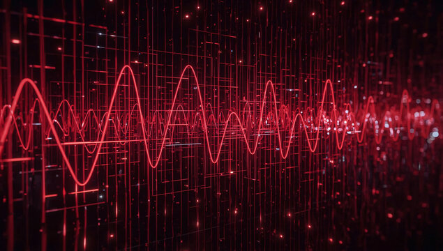 Abstract neon red data waveform and frequency grid in cyberspace