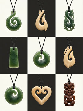 Collection of Māori pendants with jade hei matau, koru and tiki, traditional New Zealand carved jewelry set. 