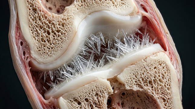 Crystals bone inflammation painful gout joint medical anatomy close up health disease pathology uric acid arthritis skeletal tissue macro biology medicine calcium calcium crystal human structure