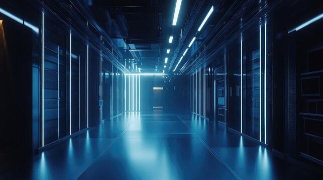 Server room operating with glowing blue lights