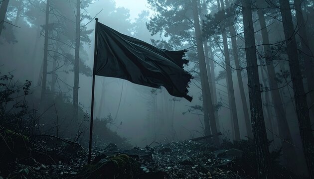 Tattered black flag in a misty, eerie forest creates a mysterious atmosphere