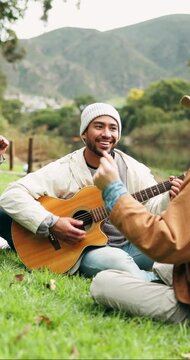 Camping, smile and people with guitar, talent and bonding together for reunion, break and singing. Relax, musician or friends in woods, excited and string instrument for song and listening to audio