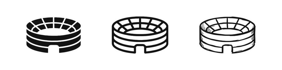 Stadium arena and sports complex icons set in solid outline and hand drawn styles © drawing lines