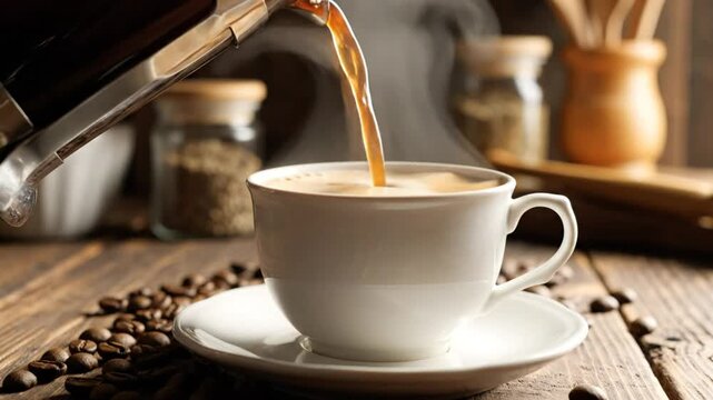 Pouring freshly brewed aromatic coffee into a white cup and saucer on rustic wooden table with scattered coffee beans